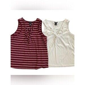 Rue21 XL Juniors Ribbed Tank Tops Tie Front White & Burgundy Strip Lot Of 2
